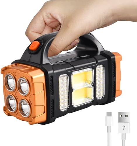 Torcia a energia solare a due lati con luce laterale COB, faretto ad alta luminosità con 8 modalità di illuminazione, con cavo USB, luce di ricerca a LED portatile ricaricabile per attività all'aperto
