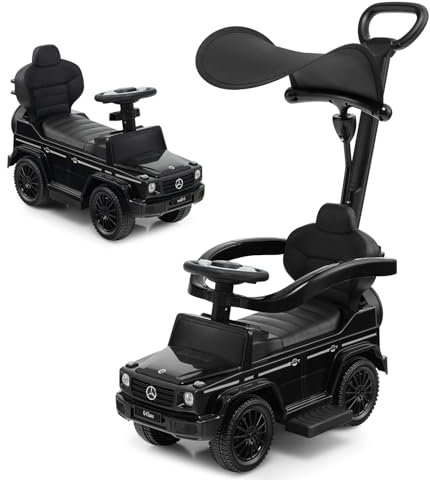GOPLUS 3 en 1 Portador Bebe Mercedes Benz, empujón con asa de toldo ajustable, guardabarros, bocina, ruido de motor, almacenamiento, cochecito de juguete para niños de 1 a 3 años, carga 25 kg (Negro)