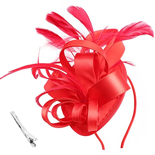 DRESHOW Fascinator Hüte für Damen Pillbox Hut mit Schleier Stirnband und Einer Gegabelten Clip Tea Party Kopfbedeckung