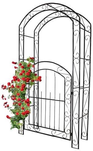 Rosenbogen aus Metall Mit Tür Tor in Schwarz gartenbogen für kletterpflanzen, 215 x 115 x 43 cm (HxBxT) Torbogen, Rankbogen Rosen, Wetterfeste Rankhilfe für Garten