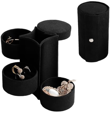 Schmuckschatulle Reiseaccessoires Aufbewahrung Organizer Rolle Aufbewahrungsbox für Schmuckrollen aus Kunstleder Geeignet für Halsketten Ohrringe Armbänder Ringe für Mädchen Frauen Mütter,Schwarz