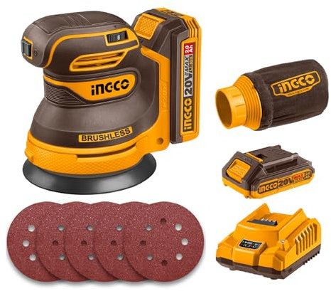 INGCO 20V Cordless Random Orbit Sander 125mm, Brushless Motor, 6 Variable Speeds, Electric Sander Ideal for Sanding, Polishing Wood, Home Improvements CROSLI20021