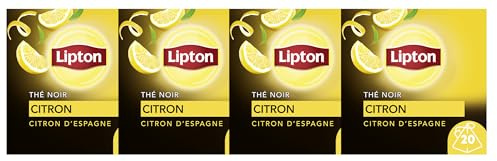 Lipton Thé Noir Citron, Goût Citron d'Espagne 4x20 Sachets Pyramid, 80 Sachets