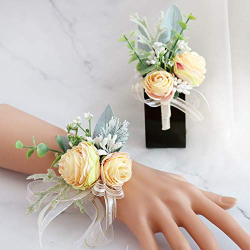 Ansteckblume für Hochzeit, Bräutigam, für Herren, für Braut, Brautjungfer, Handgelenk, Ansteckblume und Handgelenk, Set für Hochzeit, Party, Abschlussball, Heimkehr (Gelb)