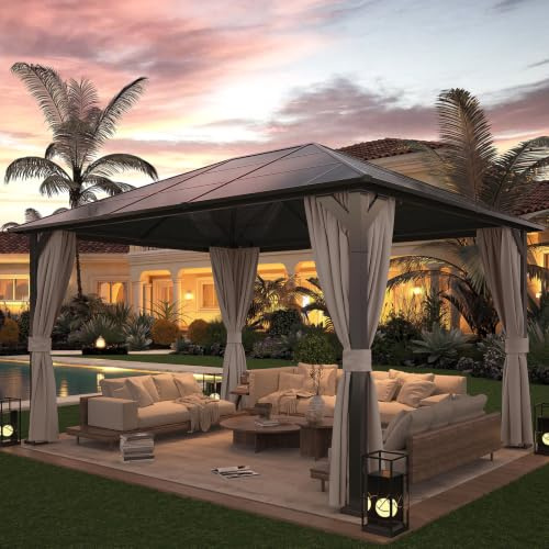 Amopatio Gartenpavillon 3x4 m Wasserdicht Stabil Winterfest, Pavillon mit Polycarbonat - Dach, Hardtop Pavillon mit Seitenteile für Garten, Terrassen, (Champagner)