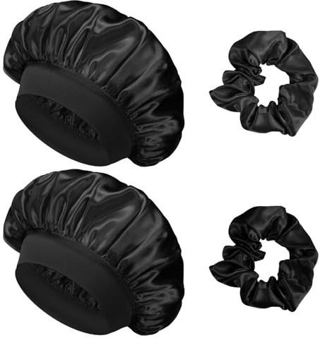 Flintronic 2 Piezas Capó de Satén de Seda, Gorro de Seda para Dormir con Banda Ancha Elástica, Gorro Ducha Mujer, Gorro de Saten para Dormir Pelo Rizado Mujeres y Chicas, Negro