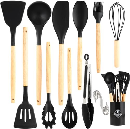 Utensilios de Cocina de Silicona, juego de utensilios de cocina de 22 piezas, resistentes al calor, antiadherentes, antirrayaduras, libres de BPA y aptos para lavavajillas (negro)
