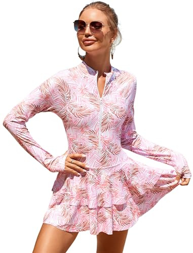 OBEEII Swim Dresses Women�s Long Sleeve Rash Guard Women One Piece Skirted Swimwear Modest Swimsuit with Skirt Printed Surf Suit Beach Wear Pink Leaves M