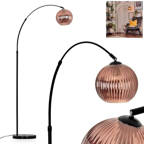 HOFSTEIN Stehleuchte Koyoto, Stehlampe aus Metall/Riffelglas in Schwarz/Kupfer mit Marmorfuß, verstellbare Leuchte im Retro-Design (Schirm Ø 20 cm), Fußschalter, E27, Wohnzimmer, Schlafzimmer, Flur