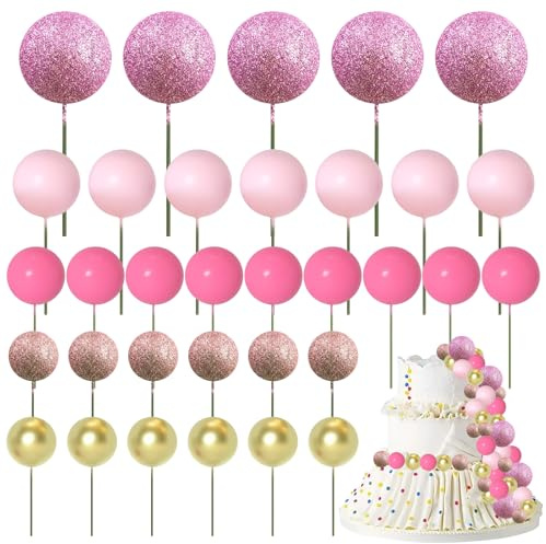 50 Pcs Ball Cake Toppers,Cake Balls Decoration Pink and Gold Balls for Cake Decorating Rainbow Ball for Cakes,Mini Balloon Cake Topper for Birthday Cake Toppers (Pink)