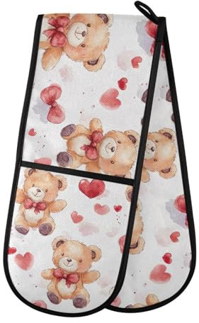 Ofenhandschuhe, doppelte Ofenhandschuhe, Bär, Schleife, weiß, hitzebeständig, gesteppt, für Grillen, Backen, Küche, Kochen, Handschuhe