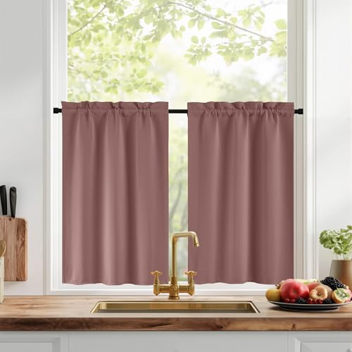 PONY DANCE Kurze Scheibengardinen 2er Set Blickdichte Gardine Altrosa | H 45 x B 60 cm, Verdunkelung Vorhang, mit Stangendurchzug, für Kinderzimmer, Küchenvorhänge, Bistrogardine Modern