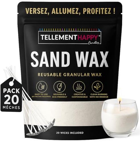 TellementHappy | Cire Bougie en Sable Non Parfumé 1Kg + 20 Mèches | Sand Wax Écologique & Réutilisable | Fabrication Bougies Facile | Granulés de Cire Végétale | Idéal DIY Bougie Maison