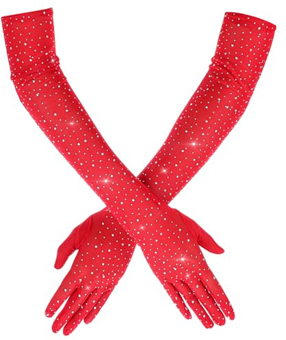 Guanti Lunghi Rosso di Pizzo con Strass Donna Costume Accessori per Tea Party Donna Lunghezza al Gomito Maniche in Rete Opera Sposa Carnevale Halloween Party Guanti in Tulle Glitterati Costume Punk