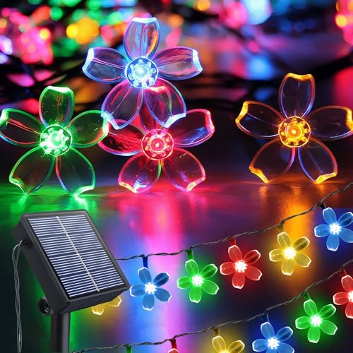 Qoosea Catena Luminosa Led Solare,14m 120 LEDs Fiori di Ciliegio Luci Solari Impermeabile,8 Modalità Lucine Decorative Esterno per Natale Giardino Gazebo Halloween Matrimonio,Colored
