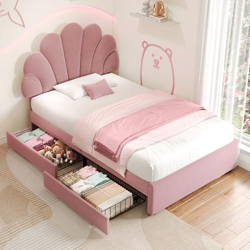 KUIKUI Girls Single Bed Frame, 3FT Upholstered Kids Bed Frame with Storage Drawers, Soft Velvet Fabric Children's bed with Adjustable Chic Petal Headboard and Bottom Space Clearance, Pink