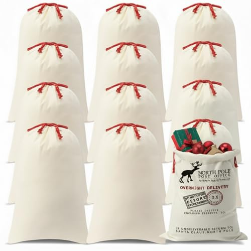 Abbylike 12 sacchi natalizi vuoti con motivo Babbo Natale a sublimazione, con coulisse, grandi, in cotone naturale, resistenti, per regali di Natale, per sublimazione, 40 x 67 cm (bianco, rosso)