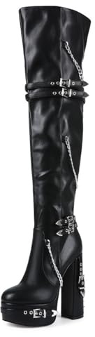 Feinlina Women's Thigh High Platform Block Heel Boots With Buckle Studded