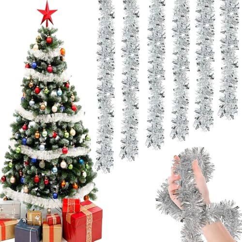 LIULINY Guirlande Argentée Noël, 6 Pcs x 2M Guirlande Tinsel Argent Noël, Guirlandes Sapin pour Mariage Anniversaire Fête Murs Fenêtres Sapin Decoration