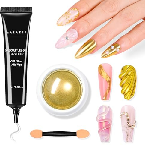 Makartt Gel 3D Nail Art und Gold Chrom Puder Set - klarer 3D Modellier Gel Nagellack ohne Abwischen für Nagelverzierungen, Metallic-Effekt-Spiegelpulver für Nageldekorationen