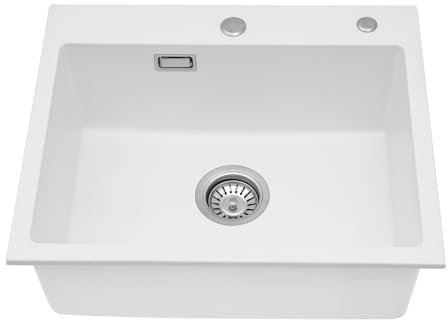 Lavello da cucina, profondo, in pietra di quarzo, bianco, 1 vasca da incasso, capacità di carico di circa 220,46 kg, beccuccio anti-trabocco, per bagni, ristoranti, caffetterie scolastiche