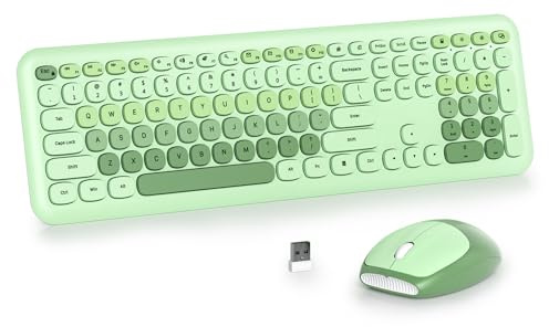 Vumilstek Light Green Quiet Keyboard and Mouse Wireless, Full Size Silent Keyboard Cute Typewriter American QWERTY 2.4G Cordless Round Keys for Office Home Dorm PC/Laptop/Desktop(Light Green)