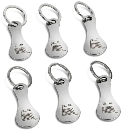 6 Pcs Metal Shopping Trolley Tokens, Supermarket Trolley Keyring, Stainless Steel Coin Keychains with Rings, Portable Pound Coin Replacement for Grocery Carts, Durable Reusable Shopping Accessories