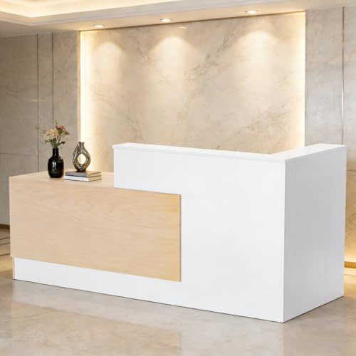 Gaonala L-förmiger Empfangstisch mit Tastaturschublade, Empfangstheke, Empfangstresen mit Schublade und offenen Regalen, Moderne Rezeptionstisch aus Holz Rezeptionstheke für Büro, 180X107X104CM,Weiß
