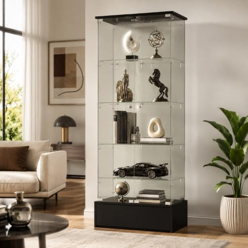 Glasvitrine mit Schublade 180 cm, Vitrinenschrank aus gehärtetem Glas, Standvitrine mit 4 Ebenen, moderne Glasvitrine für Wohnzimmer, Schlafzimmer, Büro und Flur, Schwarz, 70,1 × 35,1 × 180 cm