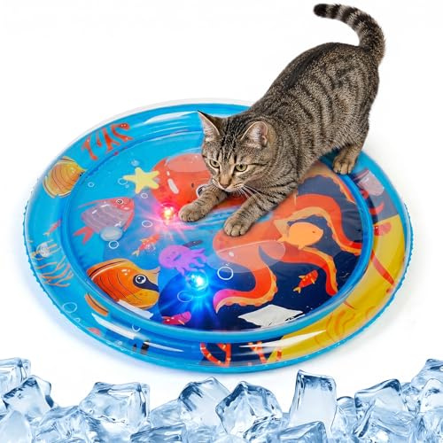 Supet Sensorische Wassermatte Katze mit schwimmenden Fischen und 2 Spielbällen, Verdickte Kühlmatte für Kätzchen und Welpen, Interaktive Wassermatte für Katzen zur Nutzung im Innenbereich