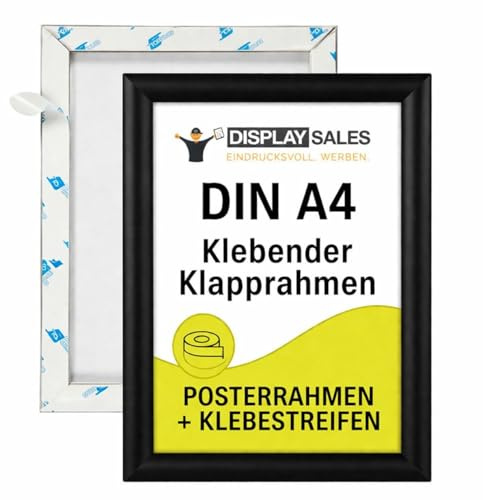 DISPLAY SALES Klapprahmen Aluminium selbstklebend A4 | Rahmen ohne Bohren | Posterrahmen Werberahmen mit Klapptechnik für Werbung, Infos & Poster in schwarz und silber