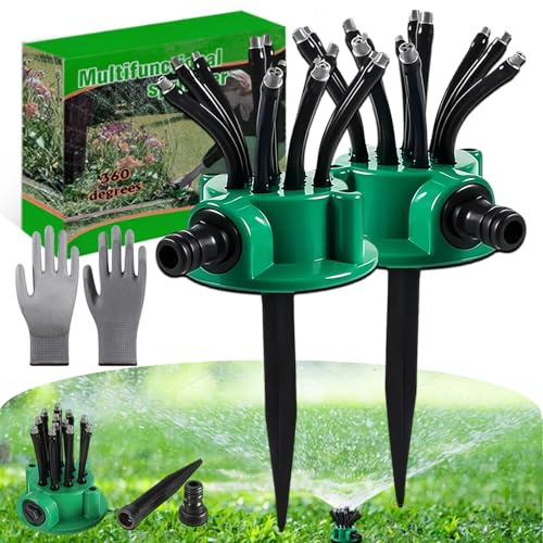 Rasensprenger 360 Grad Automatik, Garden Sprinkler mit 12 Flexiblen Düsen, ABS Garten Regner Multidirektional für Beete & Gemüse, Verstellbarer Wassersprenger für Rasenbewässerung (2Pcs)