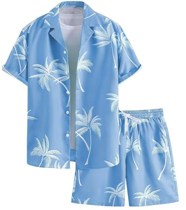 Generisk herroutfit komplett set sommar Hawaii-outfit herr fritidsoverall tryckt skjorta och shorts andas sommardräkt lätt stranddräkt normal passform herrkostym streetwear set 2 delar