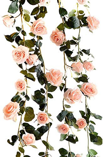 TININNA 180cm Fait à la Main Rose Artificielle Lierre Guirlande Feuille Garland Fleurs pour Décoration Maison Jardin Mariage Fenetre Rose