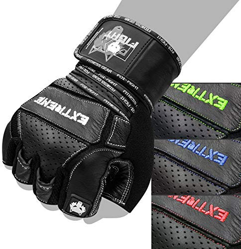 FOX-FIGHT Fitnesshandschuhe Trainingshandschuhe Kraftsport Damen Herren Leder Handschuhe Bodybuilding Sporthandschuhe mit Handgelenkbandage für Krafttraining Gewichtheben Extreme (schwarz, M)