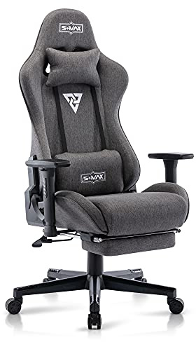 S*MAX Gaming Chair with Footrest Fabric Thicken Seat Ergonomic Gaming Chairs with 3D Armrest Breathable Fabric Headrest Lumbar Support Racing Style High Back Gaming Chairs for Adults Grey