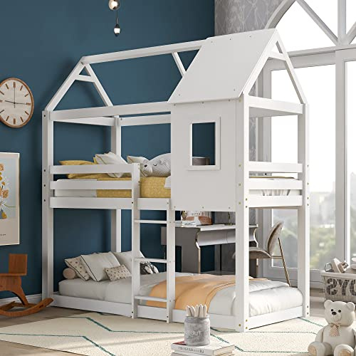 Kayan 3FT Cabin Beds for Kids, Bunk Bed with Treehouse, Solid Pine Wood Twin Bed with Canopy, Loft Bed Twin Sleeper for Home, School and Dorm (White)