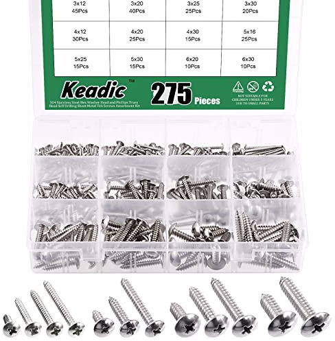 Keadic 275 Pcs 12 Sizes M3/M4/M5/M6 304 Stainless Steel Round Head Self Tapping Screws Assortment Set Phillips Drive Wood Screw Pan Head Sheet Metal Self-Drilling Screws