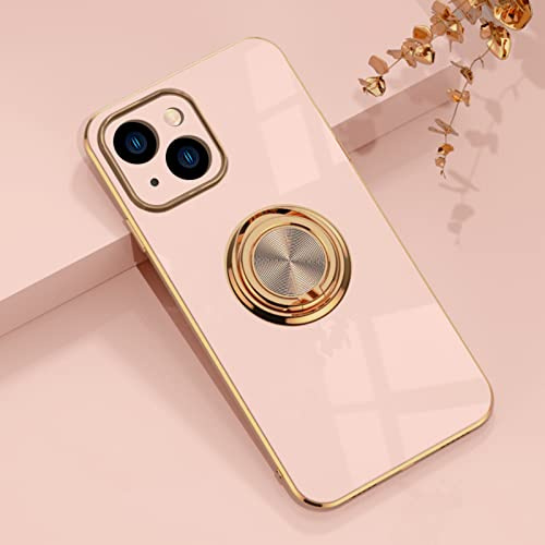 EYZUTAK Electroplated Magnetic Ring Holder Case for iPhone 14, 360 Degree with Rotation Metal Anti-fall Finger Ring Holder Magnet Car Holder Slim Soft Silicone Shockproof Cover - Light Pink