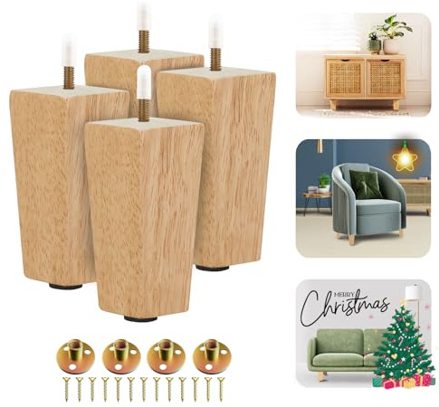 Yes4All 4.5 Inches Square Wood Furniture Legs Set of 4 - Wooden Replacement Feet for Couch, Bed, Bench - Adjustable Sofa, Ottomans Tapered Leg with Leveler - Nature Rubber Wood Parts for Table, Chair