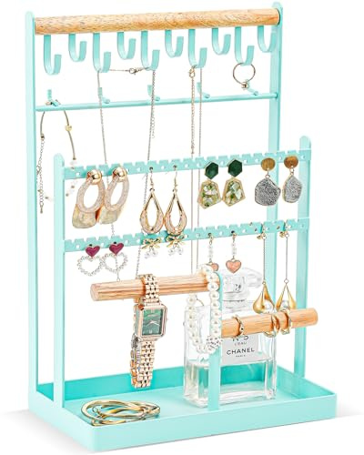 ProCase Schmuckständer Schmuckhalter für Ohrring Ohrstecker Ketten Schmuck Organizer Jewelry Ständer mit 15 Haken, 40 Löcher Ohrringhalter Schmuckaufbewahrung für Halsketten Armbänder Ringe -Blau