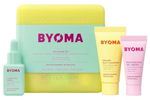 BYOMA So Clear Set - Barrier Repair Skincare Set for Acne Prone Skin (30ml, 15ml, 15ml) Creamy Jelly Cleanser, Clarifying Face Serum and Gel-Cream Moisturiser - Unclogs Pores, Targets Blemishes