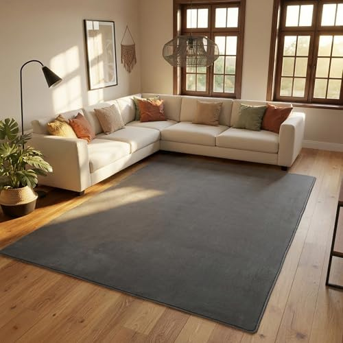 SIMPEX Waschbarer Teppich Kurzflor 120x170 cm Grau Modern Einfarbig Weich rutschfest Pflegeleicht Maschinenwaschbar für Wohnzimmer Schlafzimmer Esszimmer Küche