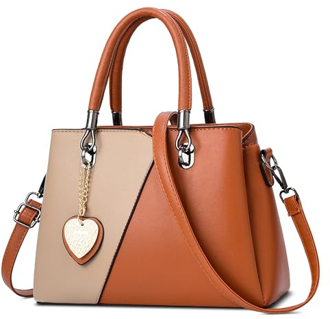 FOLOVEYA Handtasche Damen mittelgroß Henkeltasche PU Leder Umhängetasche | Damenhandtasche mit Herzanhänger, zweifarbigem Design und verstellbarem Schultergurt für Büro, Shopping, Reisen und Alltag