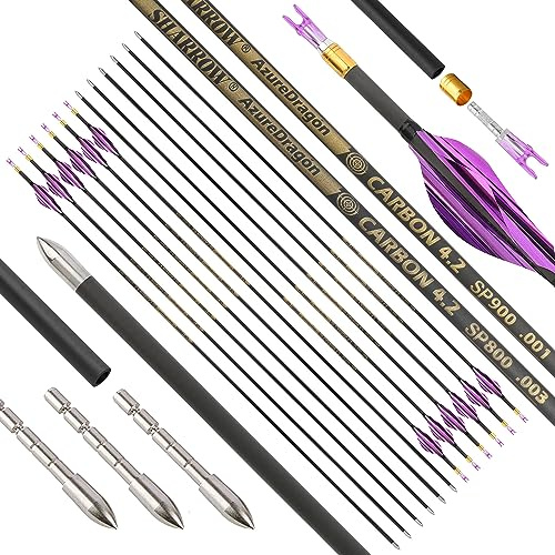 surwolf Flèches en Carbone Pur pour la compétition de tir à l'arc, Spine 700/800/900/1000,Flèches Chasse ID 4,2 mm, Rectitude .001 et .003, flèche d'entraînement (1000-6 pcs, Violet // 0,001)