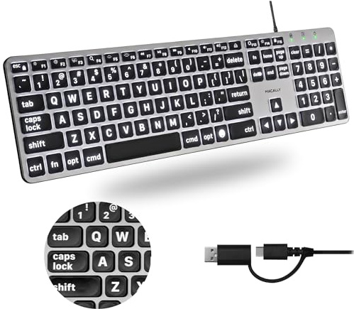 Macally Clavier double filaire pour Mac (USB C + A) – Clavier Mac rétroéclairé facile à voir – Clavier MacBook 107 touches pleine taille avec lettres surdimensionnées – Clavier compatible Apple – Gris