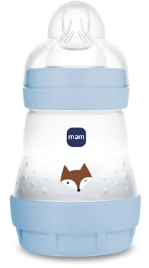 MAM Biberon Easy Start 160 ml, Biberon anticolica per allattamento misto che riduce le bolle d'aria e il rischio di coliche, Accessori neonati autosterilizzanti e con tettarella misura 1, Azzurro
