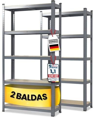 KARAT Juego de 2 estantes resistentes, 60 x 120 x 200 cm, sin tornillos, para bodega, 5 estantes ajustables (gris)