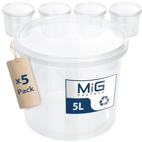 MIG Transparente Eimer mit Deckel 5L - 5X 5L Luftdicht & Lebensmittelecht Plastikeimer mit Deckel - Stapelbare Kleine Eimer für Haushalt & Industrie -Ideal Kübel mit Deckel zum Einlegen & Lagern