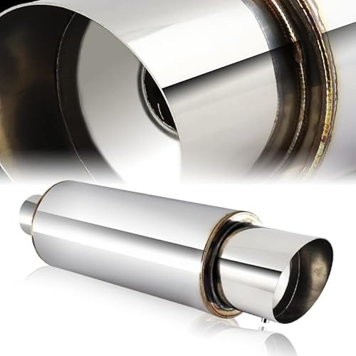 Universal 4 Outlet JDM N1 Style Muffler Hi Flow Stainless Steel Weld-On 3 Inlet, Slant Tip Muffler, Removable Silencer Pre-attached, Deep and Smooth tone (Silver)